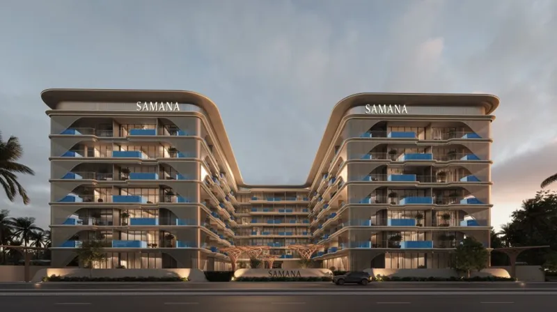 Render of the Samana Imperial Garden facade with private pool balconies at dusk