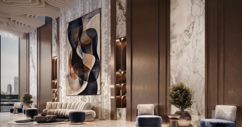 Render of the residents' lounge at Samana Imperial Garden with marble walls and artwork