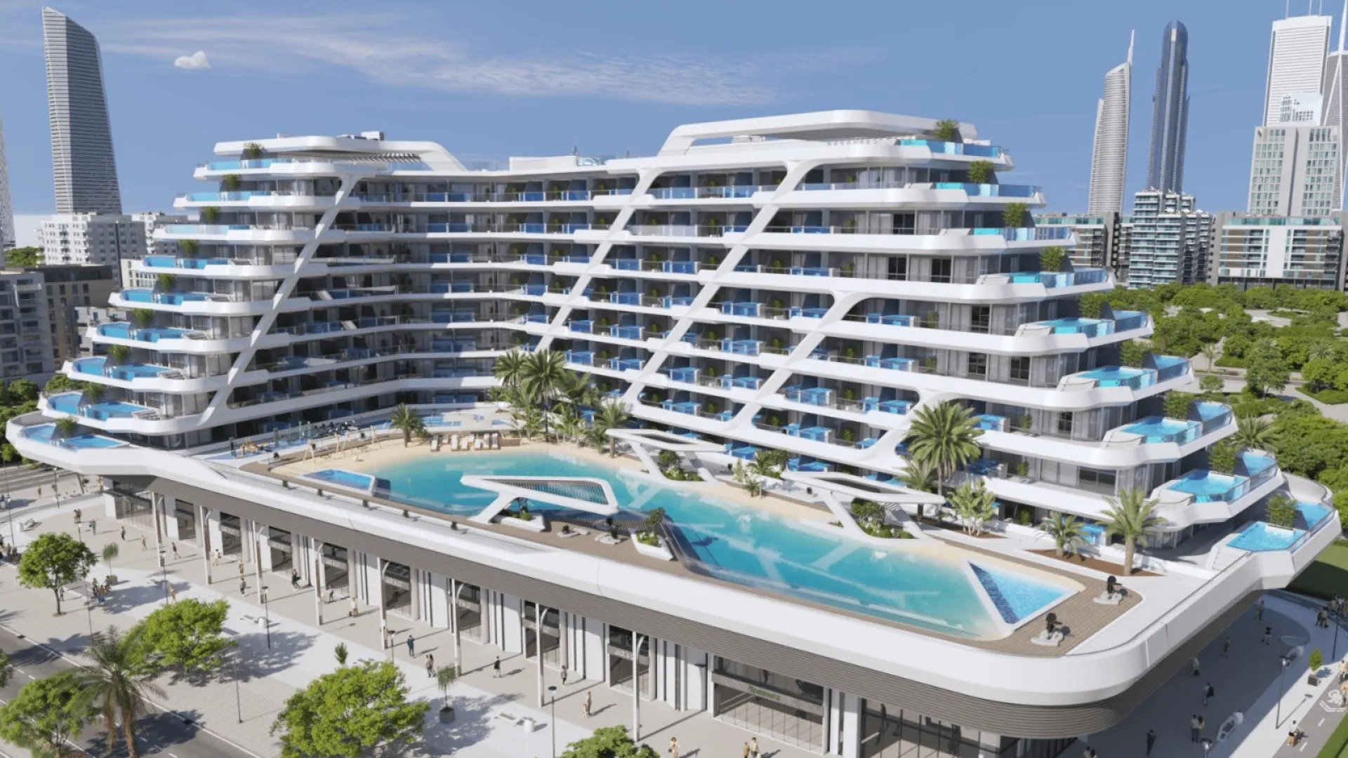 Aerial render of Samana Mykonos Signature in Arjan with the lagoon-style pool deck on the podium