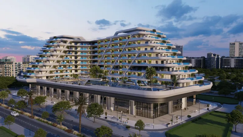 Render of the curved white terraces of Samana Mykonos Signature at dusk