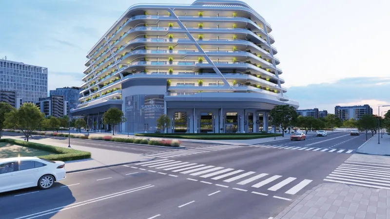 Render of the corner entrance of Samana Mykonos Signature in the evening
