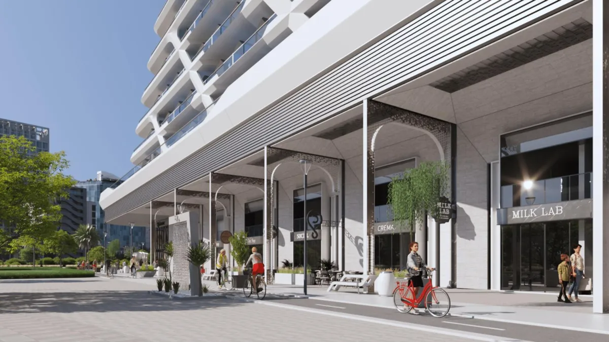Render of the shaded retail arcade along the ground floor of Samana Mykonos Signature