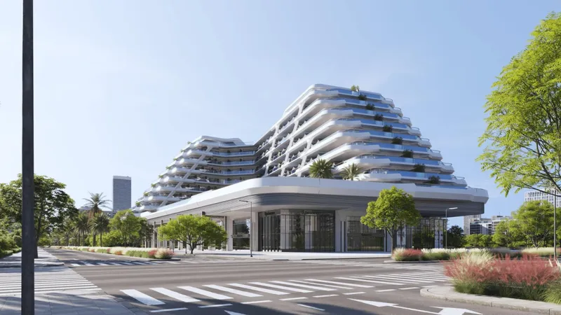 Street-level render of Samana Mykonos Signature with its stepped terraces and glazed ground floor