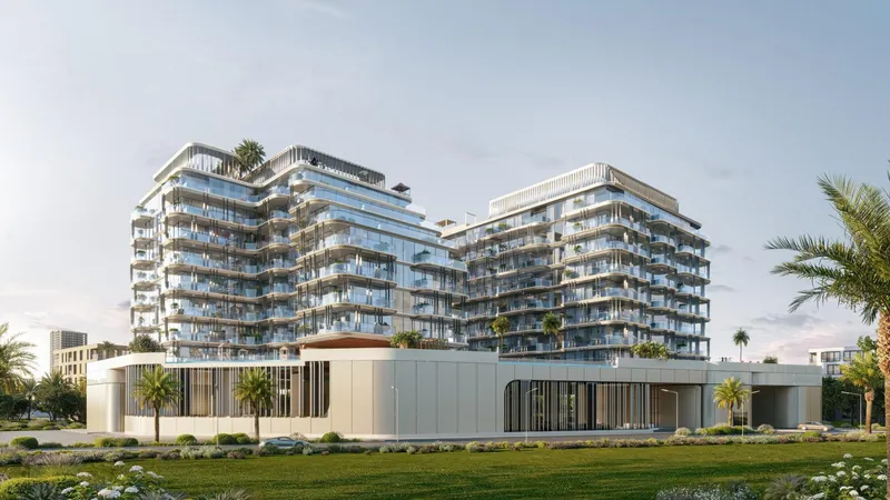 Render of the two Samana Ocean Bay buildings on Dubai Islands seen from the gardens