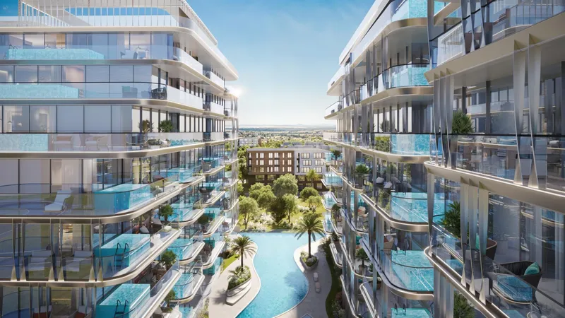 Render of the courtyard between the Samana Ocean Bay buildings with private pool balconies