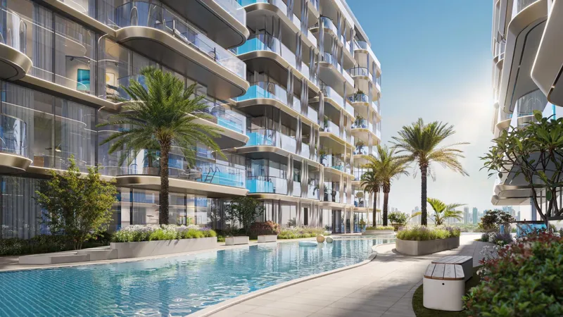 Render of the long pool running beside the Samana Ocean Bay building