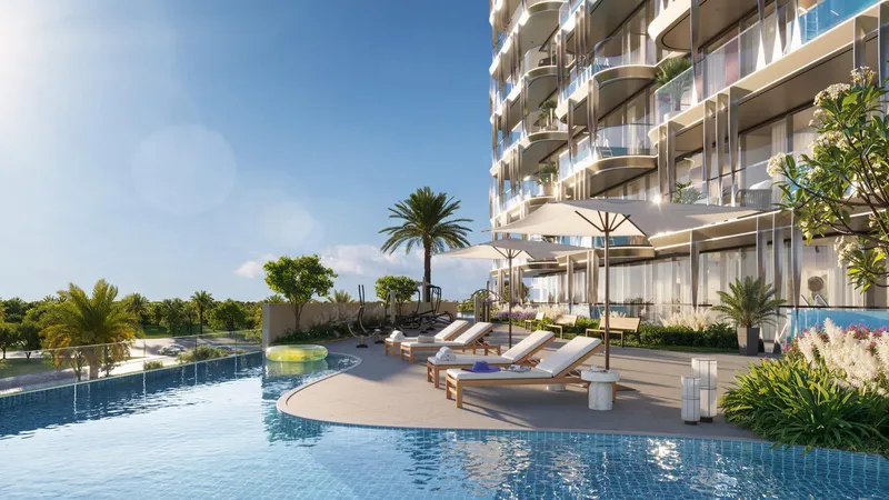 Render of the sun deck and loungers beside the pool at Samana Ocean Bay