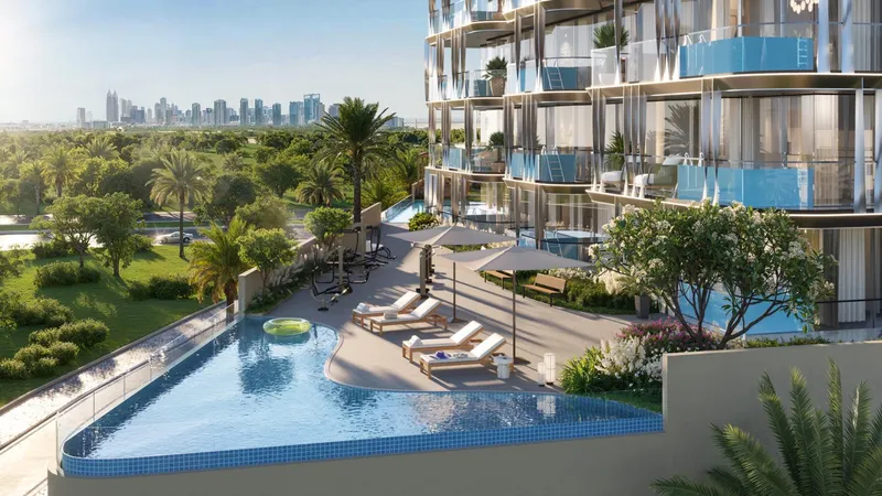 Render of the infinity-edge pool at Samana Ocean Bay with the Dubai skyline behind