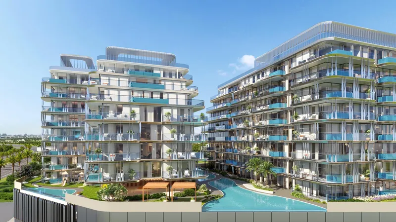 Render of Tower A and Tower B at Samana Ocean Bay with the pool between them