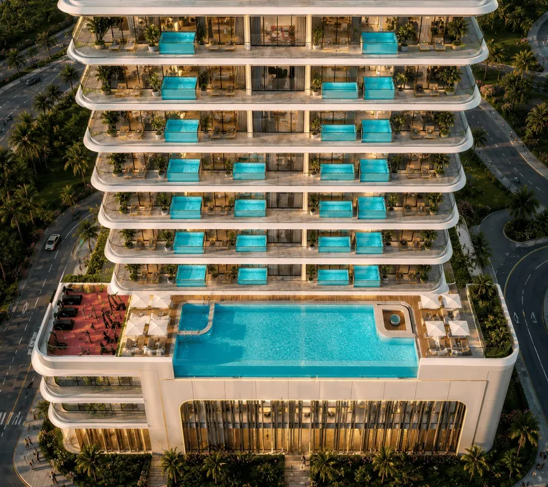Aerial render of Samana Ocean Crest showing the podium pool and the private pools on each floor