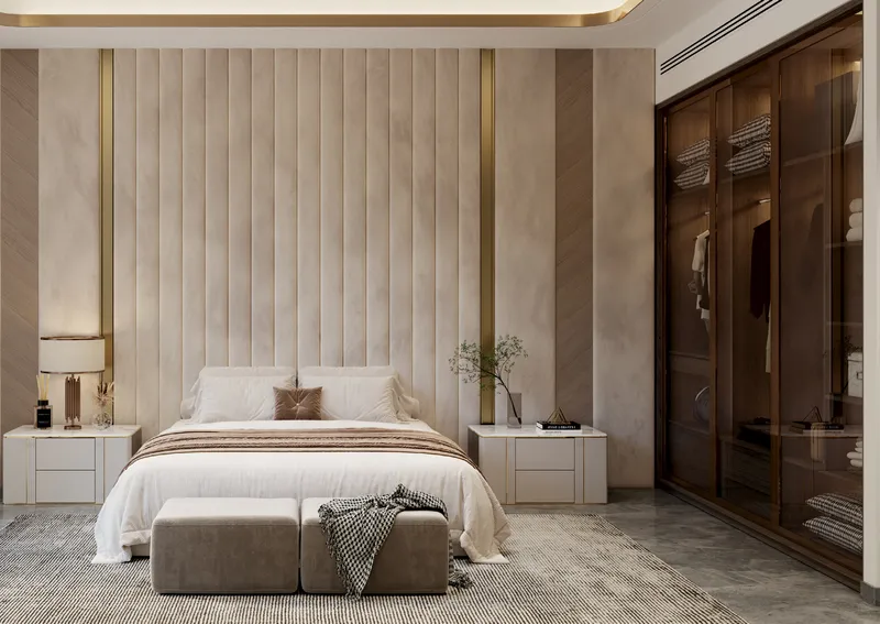 Render of a bedroom with a glazed wardrobe at Samana Ocean Crest