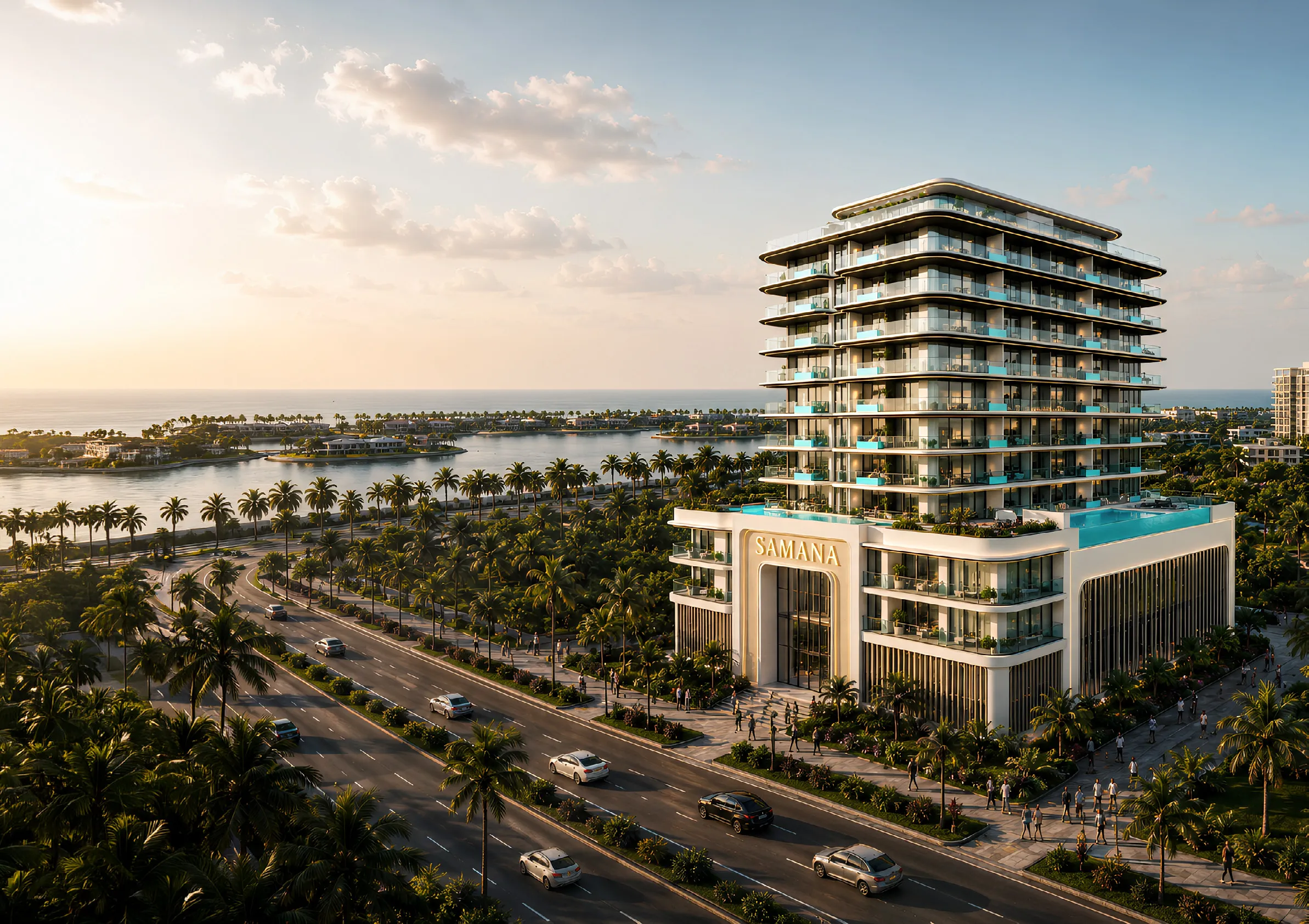 Render of the Samana Ocean Crest apartment building on Dubai Islands with the sea behind