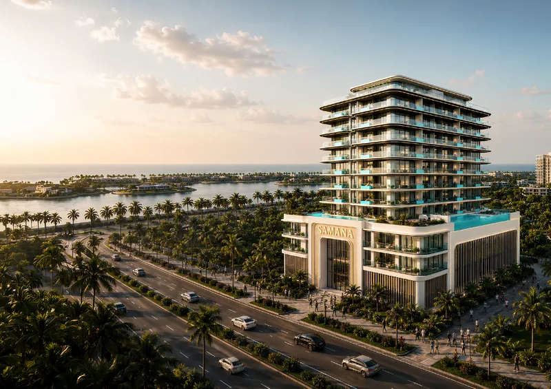 Render of the Samana Ocean Crest apartment building on Dubai Islands with the sea behind