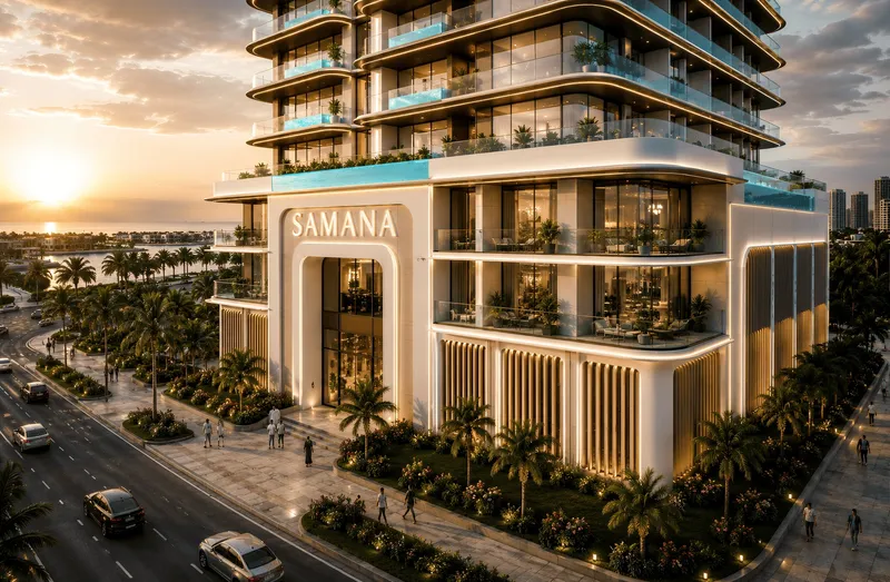 Render of the entrance and street frontage of Samana Ocean Crest at sunset