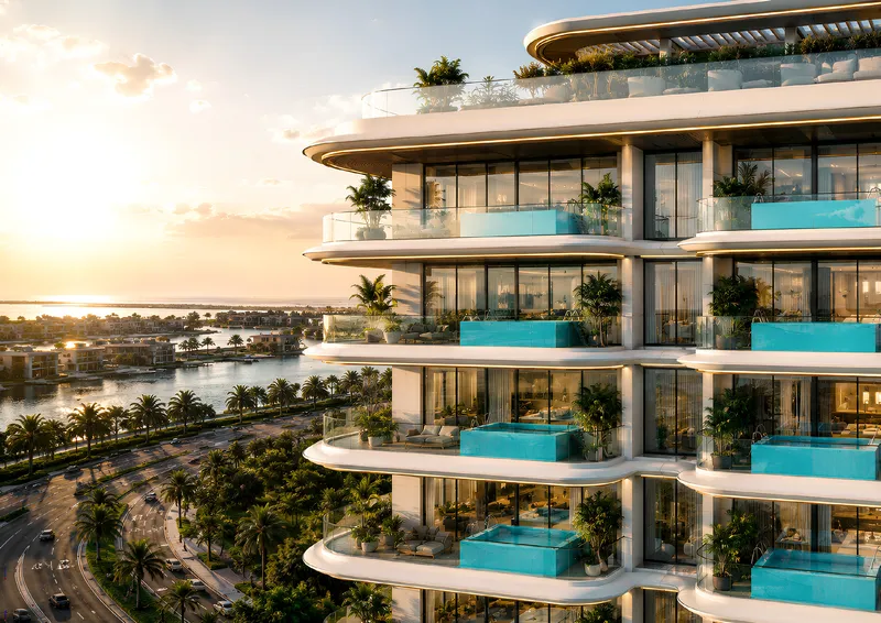 Render of the Samana Ocean Crest facade at sunset, with private pools on the terraces