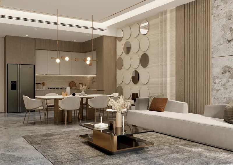 Render of an open-plan living and dining room with kitchen at Samana Ocean Crest