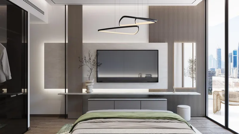 Render of a bedroom with floor-to-ceiling glazing in a Samana Park Meadows apartment