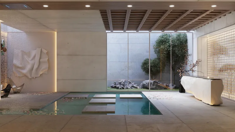 Render of the entrance lobby with a stepping-stone water feature at Samana Park Meadows