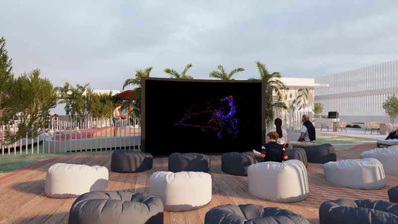 Render of the outdoor cinema with bean bags on the deck at Samana Park Meadows