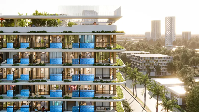 Render of the Samana Park Meadows facade with private pools on the balconies