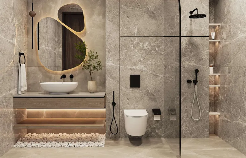 Render of a stone-finished bathroom with walk-in shower at Samana Parkville