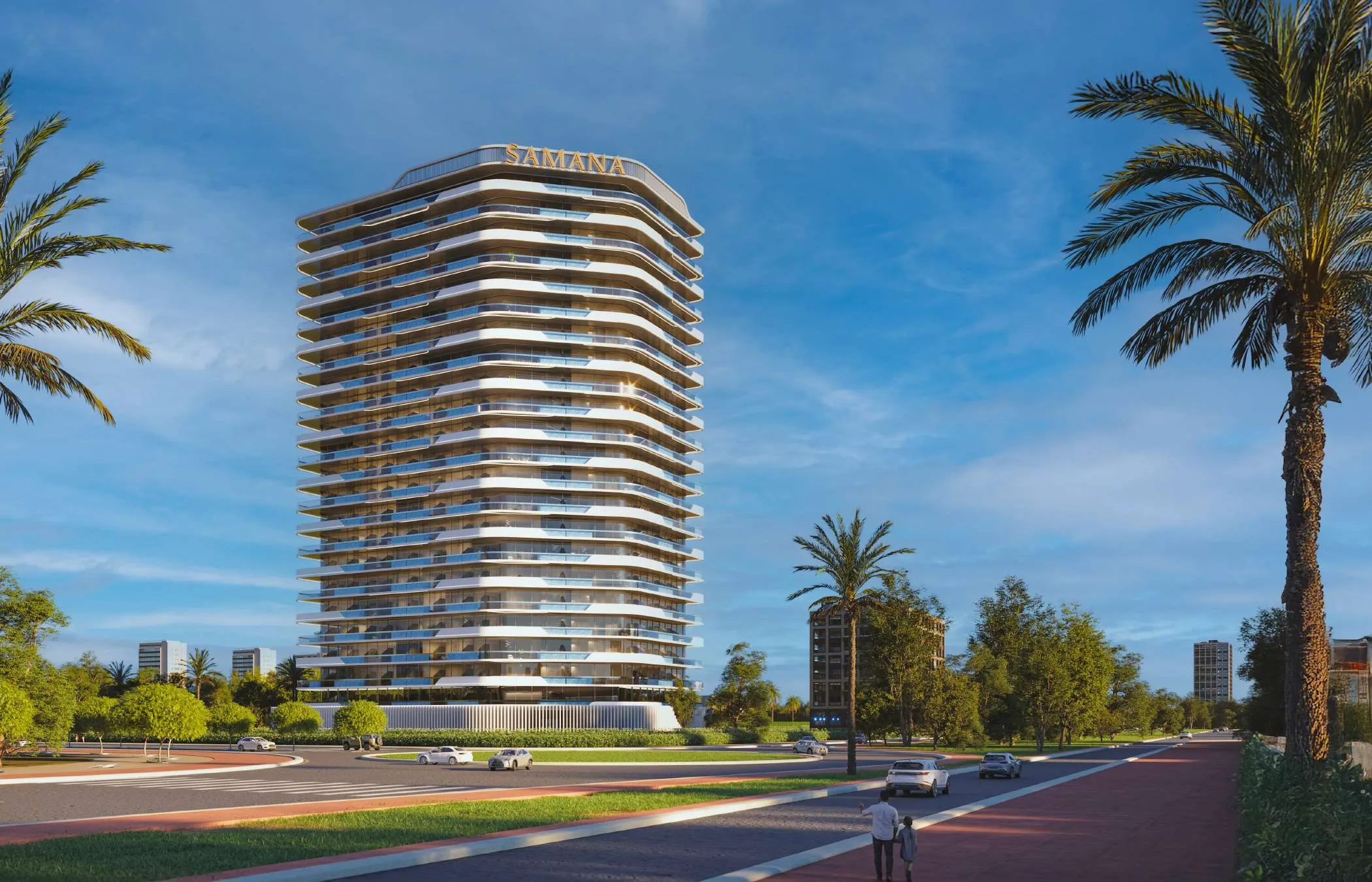 Render of the Samana Parkville apartment tower in Dubailand Residence Complex by day