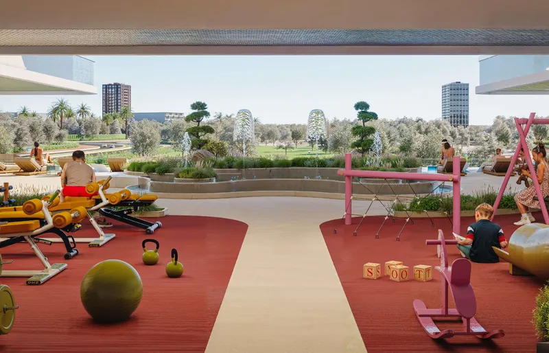 Render of the kids' play area and outdoor gym equipment at Samana Parkville
