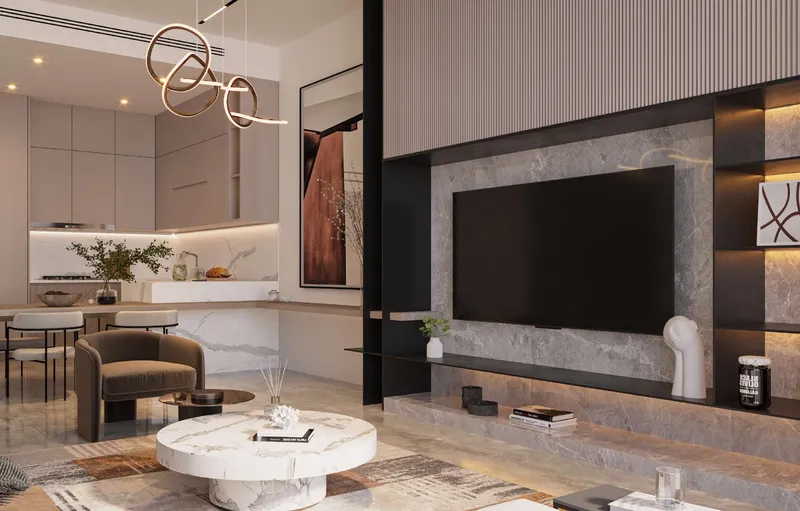 Render of an open-plan living room and kitchen in a Samana Parkville apartment