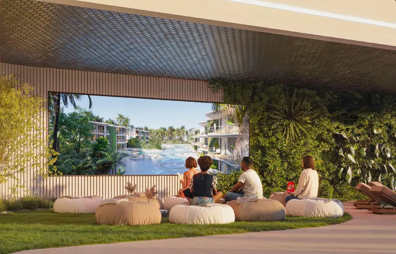 Render of the outdoor cinema lawn with bean bags at Samana Parkville