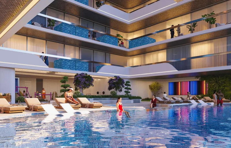 Render of the courtyard pool and sun loungers at Samana Parkville