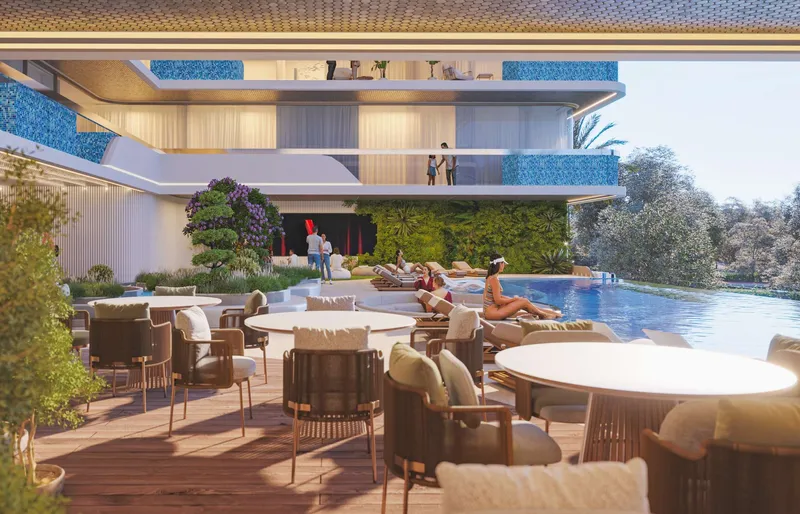 Render of a shaded lounge and dining terrace beside the pool at Samana Parkville