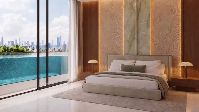 Render of a bedroom at Samana Portside opening onto the apartment's private pool