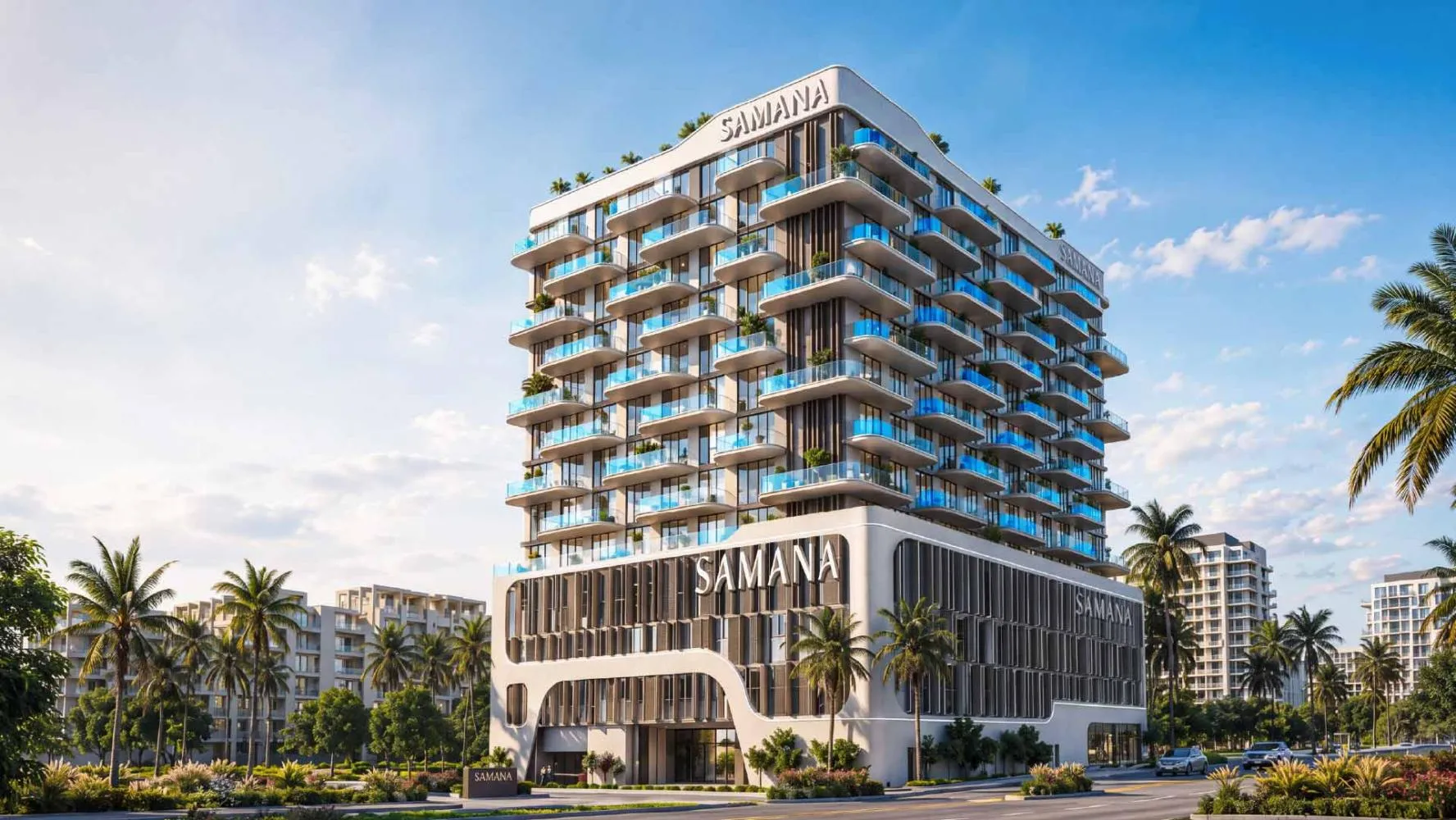 Render of the Samana Portside apartment building in Downtown Jebel Ali by day