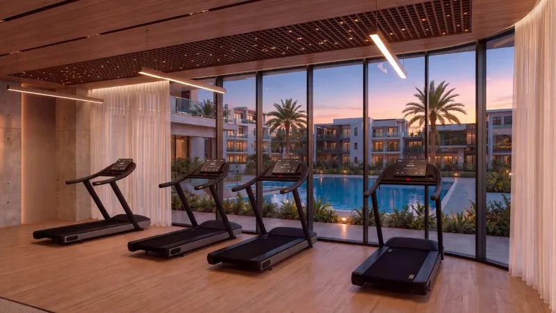 Render of the indoor gym at Samana Portside looking out to the pool
