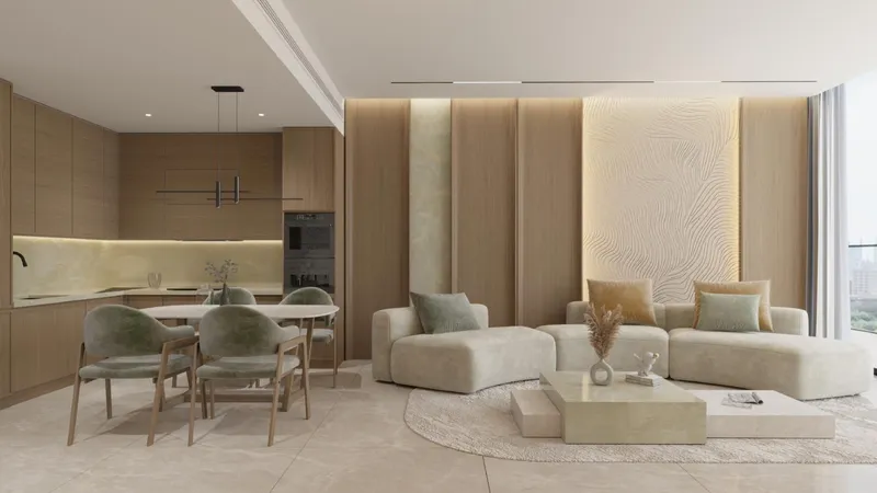 Render of an open-plan living and dining room with kitchen at Samana Portside