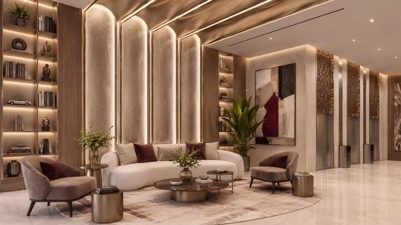 Render of the lobby and lift hall at Samana Portside