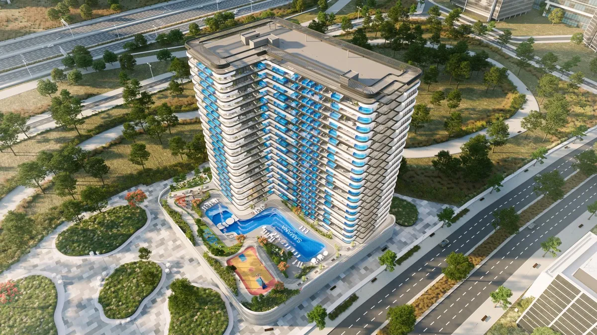 Aerial render of the Samana Resorts apartment tower and pool deck in Dubai Production City