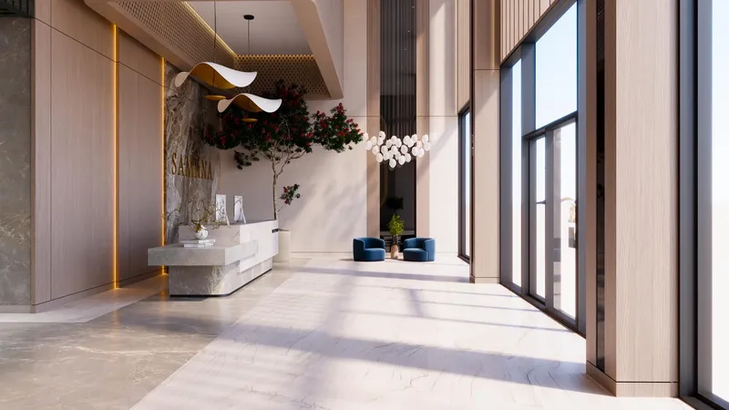 Render of the double-height entrance lobby at Samana Resorts