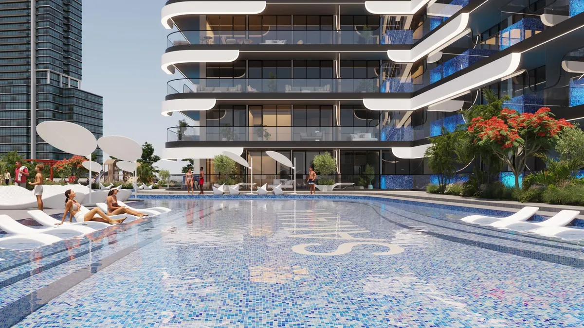 Render of the leisure pool and sun loungers at the base of Samana Resorts