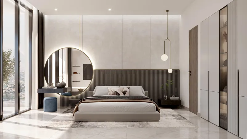 Render of a bedroom with full-height windows at Samana Rome