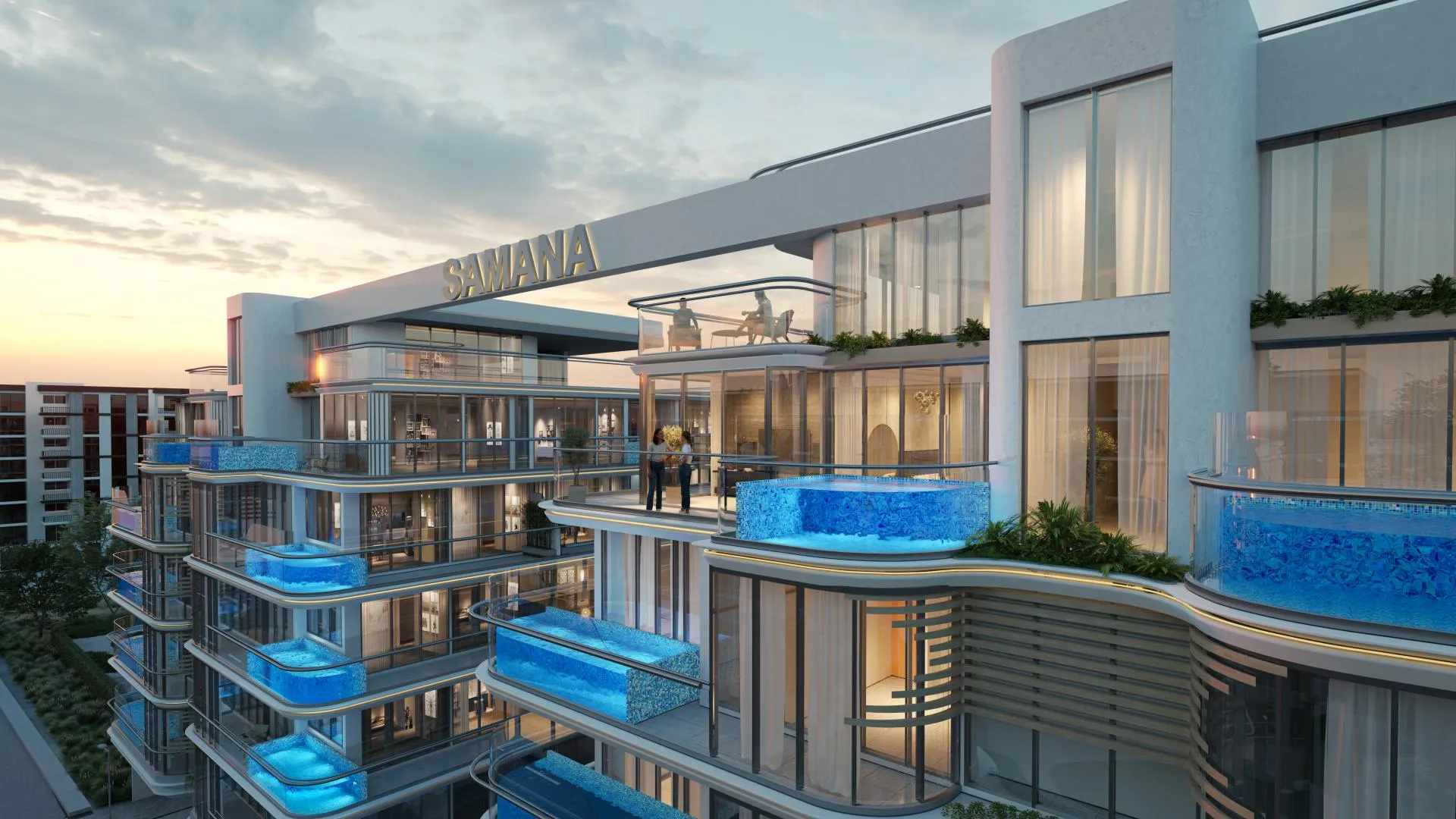 Render of Samana Rome in Meydan with glass-fronted private pools on the apartment terraces at sunset