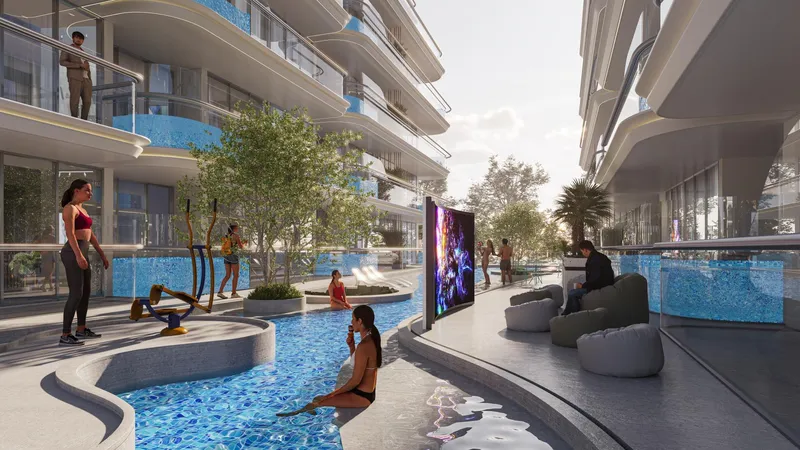 Render of the leisure pool deck and outdoor cinema screen at Samana Rome