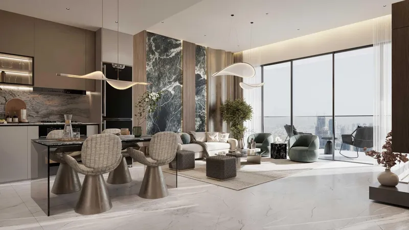 Render of an open-plan living and dining room with kitchen at Samana South Haven 2