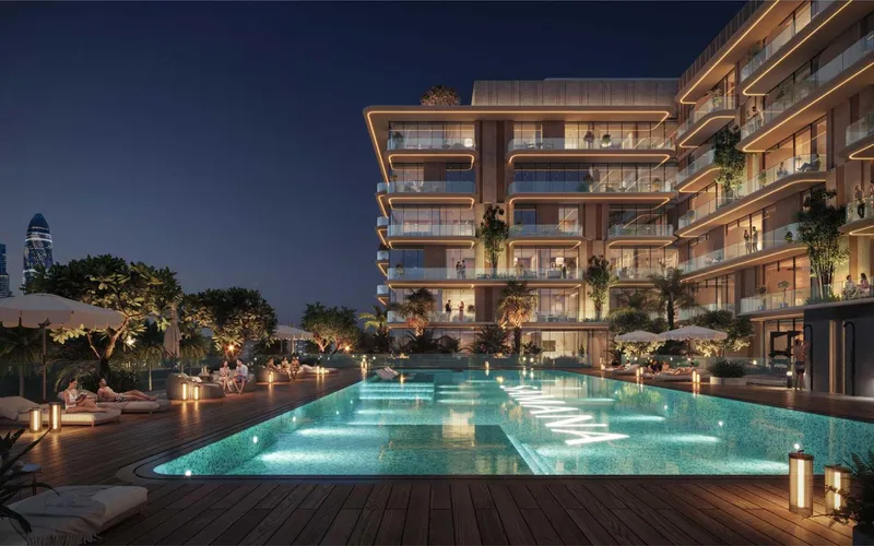 Render of the swimming pool and deck at Samana South Haven 2 in the evening