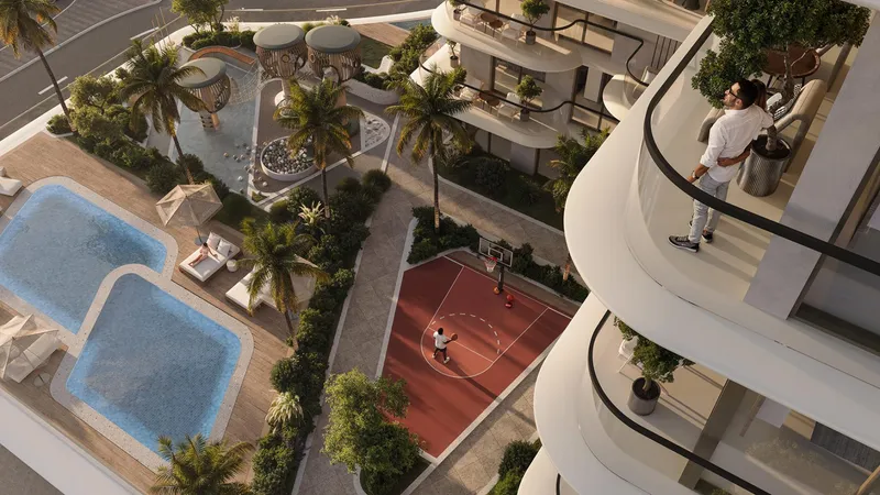 Aerial render of the pools, jacuzzi and sports court at Samana South Haven