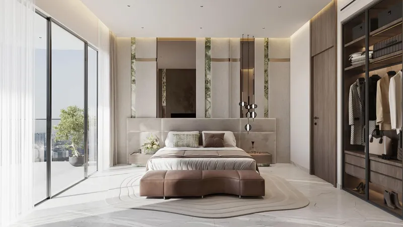 Render of a bedroom with fitted wardrobe at Samana South Haven