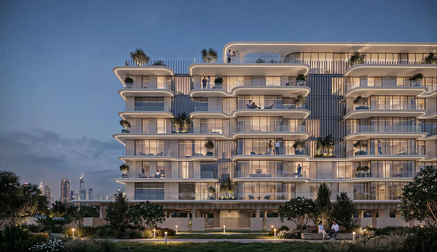 Render of the Samana South Haven apartment building in Dubai South at dusk