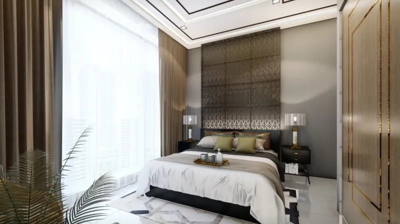 Render of a bedroom with full-height curtains at Samana Waves