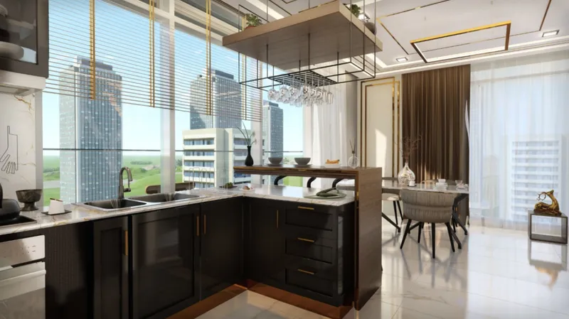 Render of an open kitchen and dining area with city views at Samana Waves