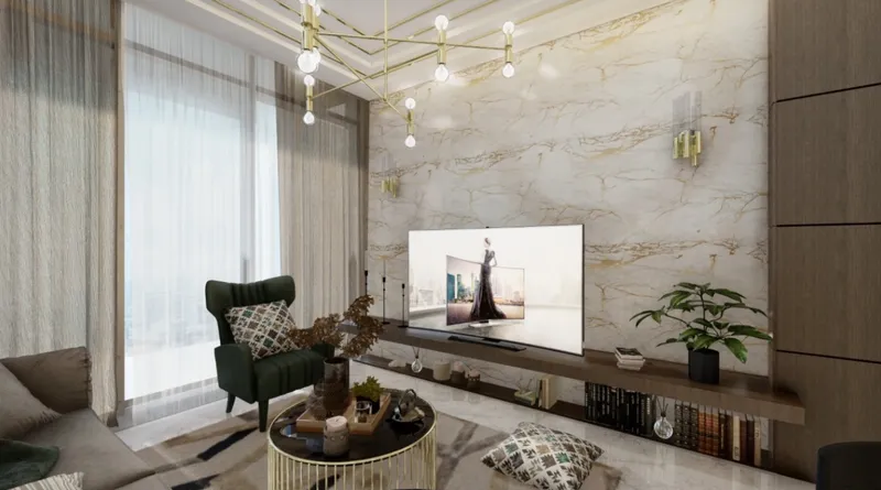 Render of a living room with a marble feature wall at Samana Waves